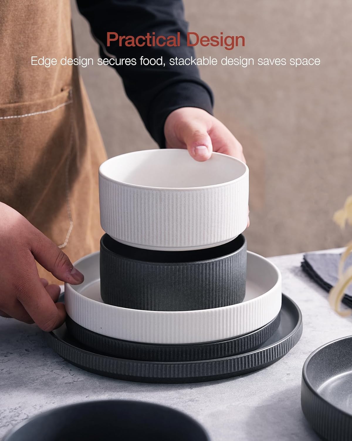 Famiware Star Dinnerware Set, Plates and Bowls Sets for 8 (24pcs), Ribbed Stoneware Dishes - Chip & Scratch Resistant, Microwave & Dishwasher Safe, Multicolor - Matte White & Matte Dark Charcoal