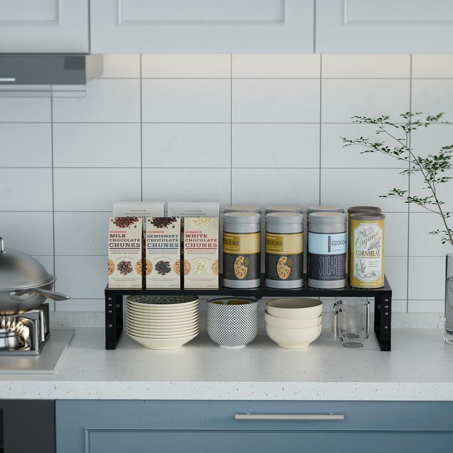 Expandable Spice Rack Kitchen Cabinet Shelf Organizer, Stackable Storage Shelves Racks, Adjustable Counter Shelving for Cabinets, Countertop, Cupboard,Pantry and More(1Pack/Black/Large)