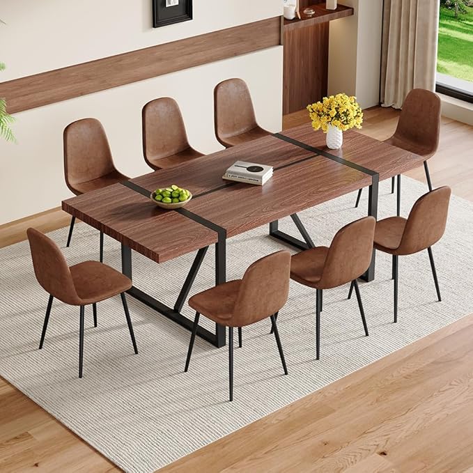 86.6" Dining Table Set for 8, Modern 9 Piece Wood Kitchen Table and Chairs Set, Rectangle Dining Room Table with 8 Suede Upholstered Chairs, Ideal for Home, Kitchen, or Apartment Dining