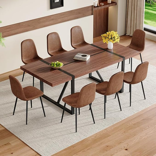 86.6" Dining Table Set for 8, Modern 9 Piece Wood Kitchen Table and Chairs Set, Rectangle Dining Room Table with 8 Suede Upholstered Chairs, Ideal for Home, Kitchen, or Apartment Dining