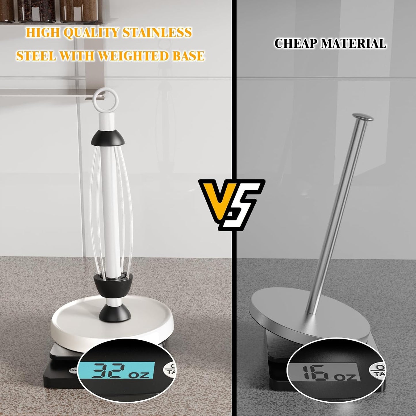 White Paper Towel Holder Countertop, White Kitchen Accessories Decor, One-Handed Tear, Stainless Steel, Weighted Base, Paper Towel Holder Stand with Ratchet System for Kitchen Farmhouse Essentials