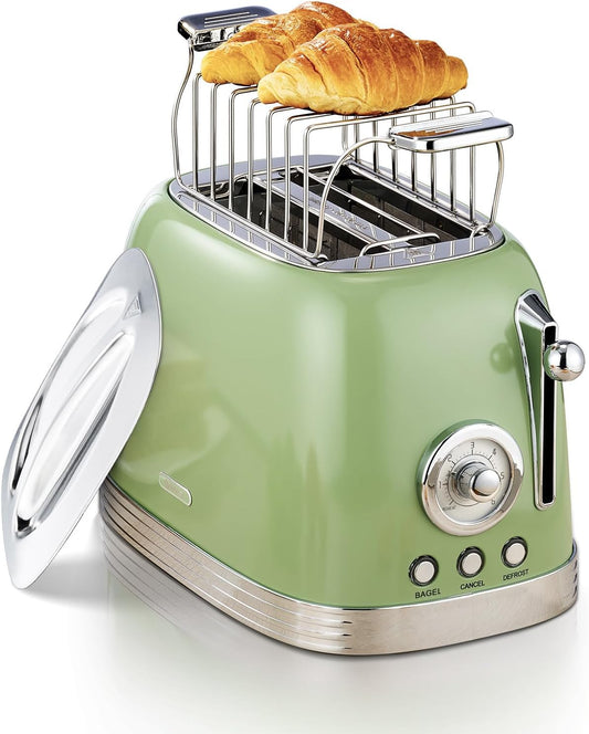 Green Cute Retro Toaster 2 Slice with 1.58" Wide Slots, with Stainless Steel Lid, with Warming Rack, Preheat, Defrost, Countdown Timer Display