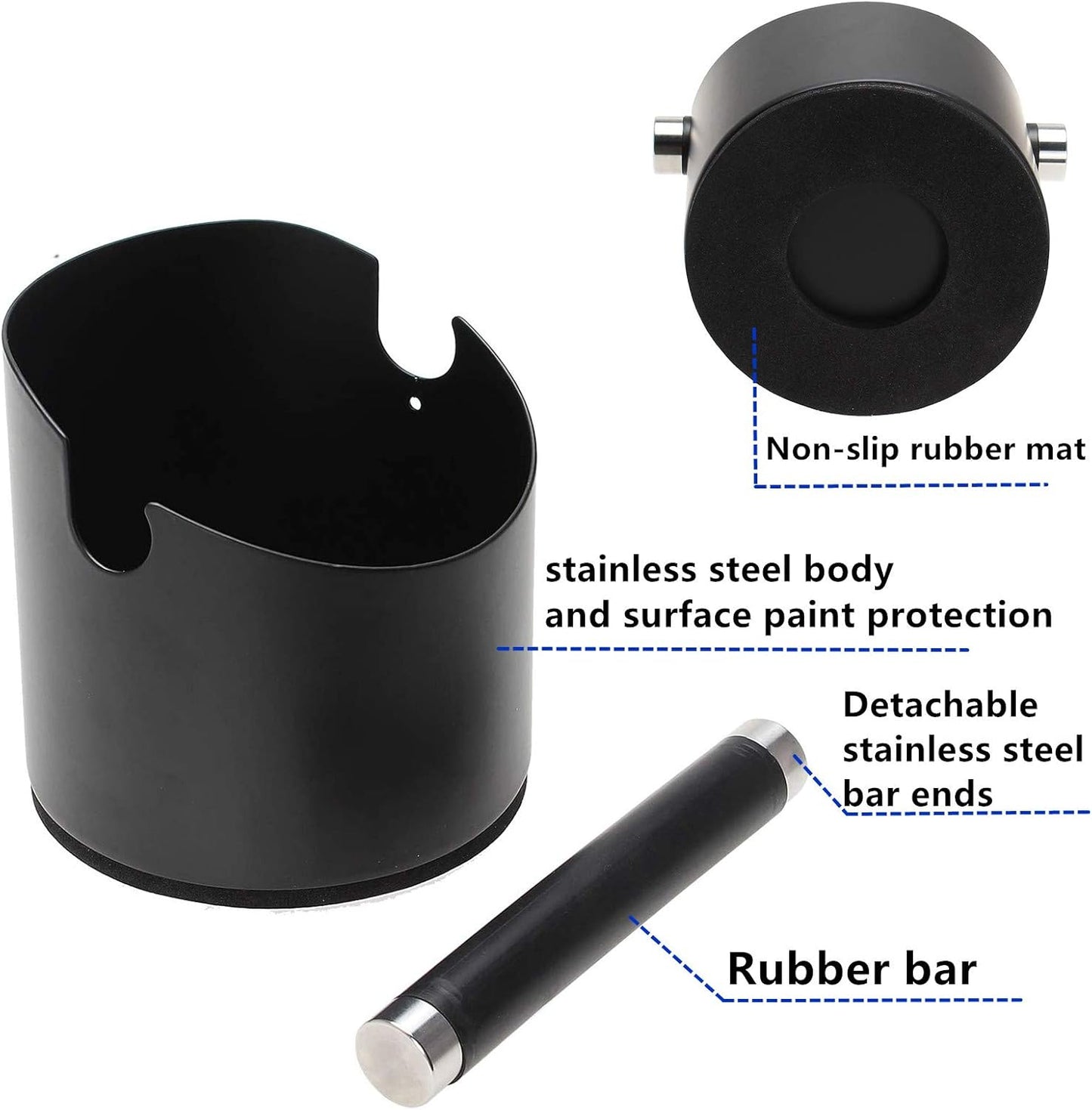 DIBTSA Espresso Knock Box, Stainless Steel Coffee Grounds Knock Box, With Removable Knock Bar and Non-Slip Rubber Base (Black)