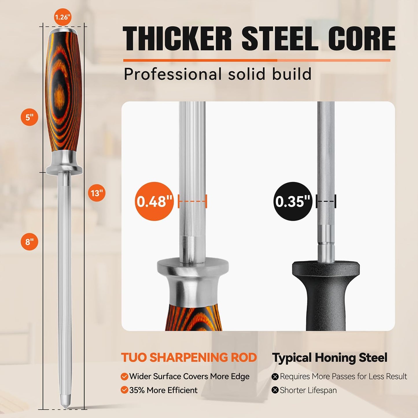 TUO Honing Steel, Sharpener Rod with Thicker Steel Core for Kitchen Knives Daily Sharpening Maintenance, High Carbon Steel, Ergonomic Handle, 8 inch