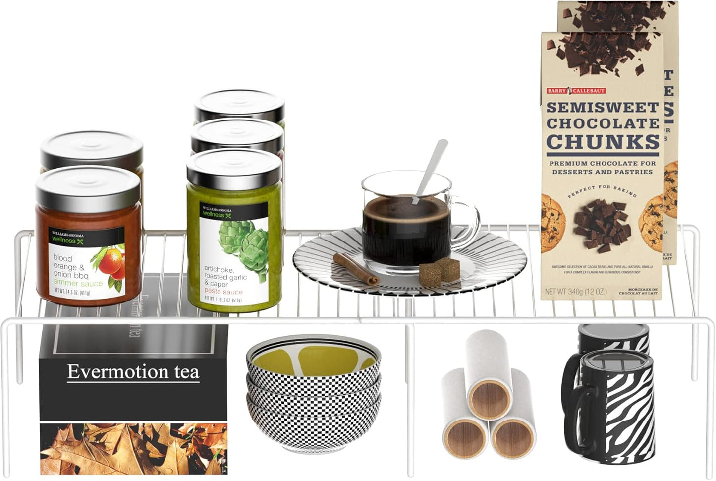 Redrubbit 4-Piece Expandable Metal Rustproof Storage Shelf Rack, Kitchen Counter and Cabinet Organizer, Space Saver for Fridge, Bathroom, White, Set of 2