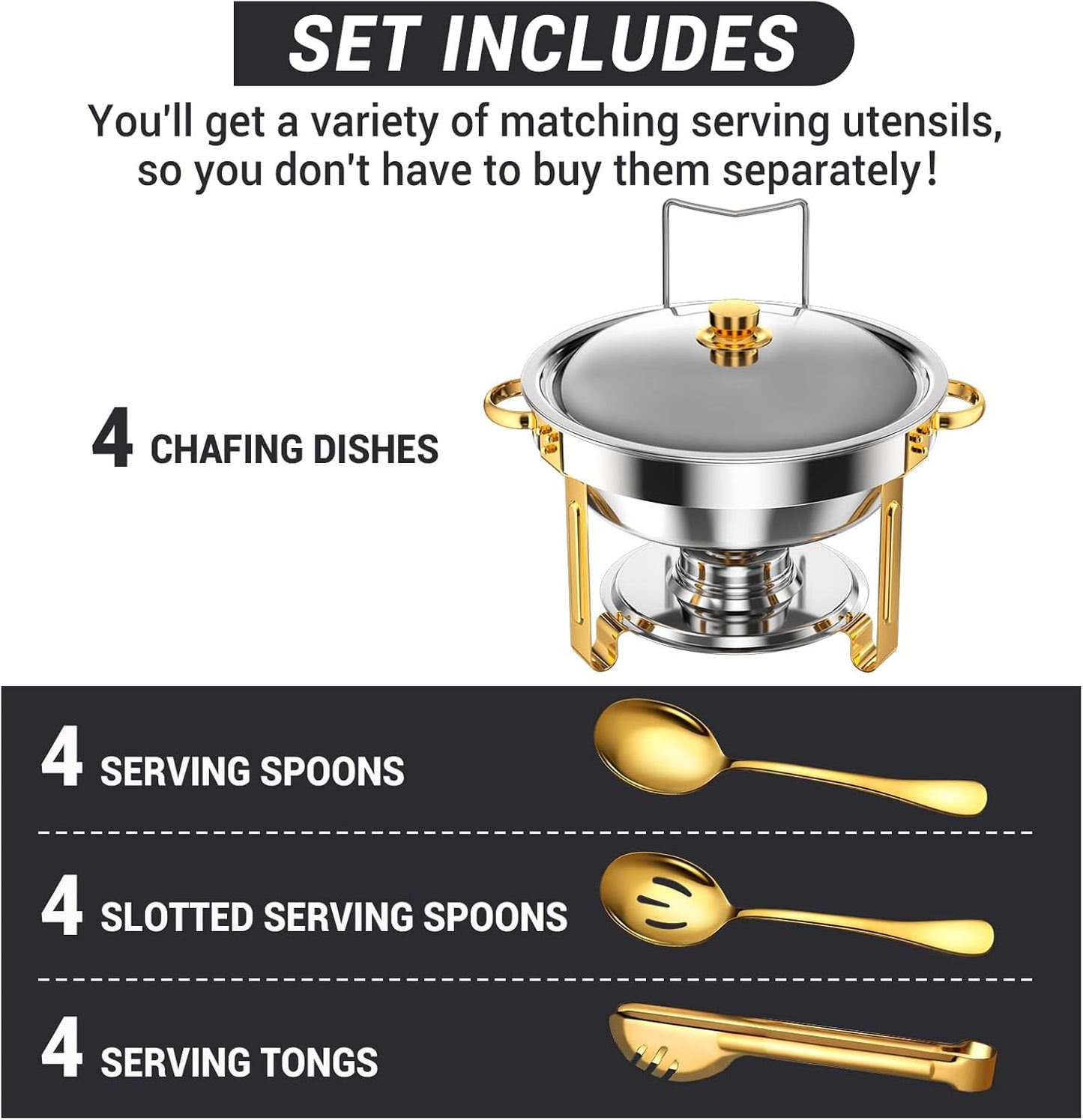 Round Chafing Dishes for Buffet 5 Qt,High Grade Chafing Dish Buffet Set, Full Size Pan,Rolled-Edge Design Food Warmers for Parties,Buffet,Wedding,Birthday,Camping 4 PACK (Half Gold)