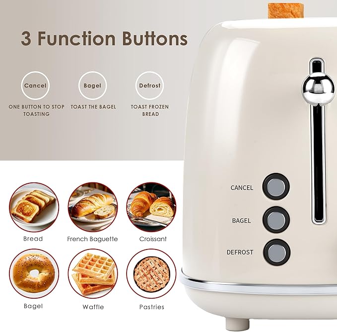Roter Mond 4 Slice Toaster Retro Stainless Steel Toaster with Bagel, Cancel, Defrost Function and 6 Bread Shade Settings Bread Machine, Long Extra Wide Slots and Removable Crumb Tray, Cream