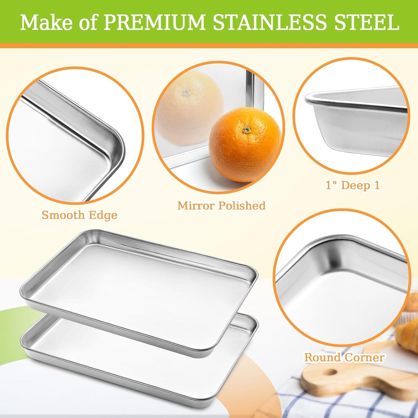 CEKEE Stainless Steel Cookie Sheets for Baking, 2PCS Stainless Steel Baking Sheet, Size 12 x 10 x 0.98 Inch，Heavy Duty & Easy Clean Baking Pans Tray Set