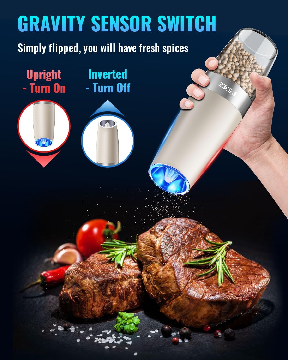 XinXu Gravity Automatic Electric Pepper and Salt Grinder, Auto Salt or Pepper Mill Shaker Stainless Steel,Blue LED Light,One Hand Operated- (Set/Khaki)