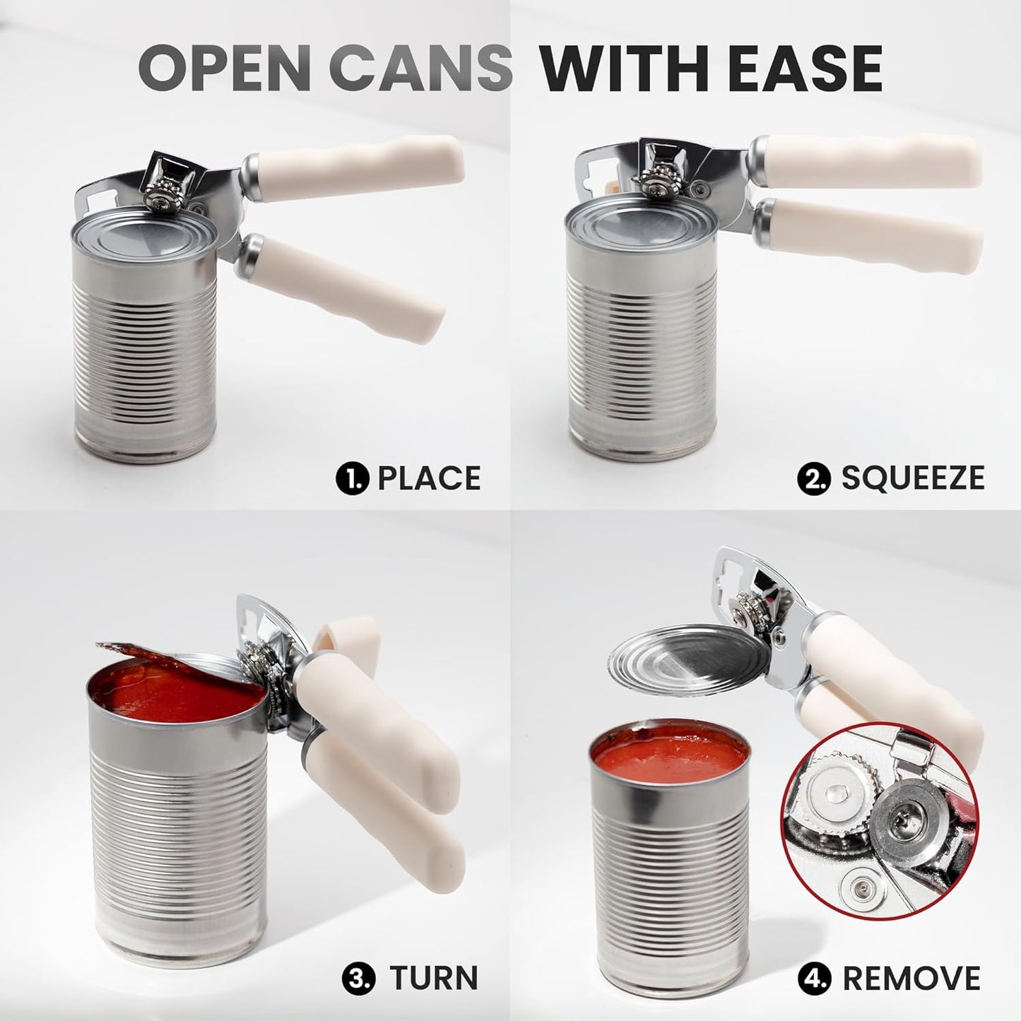 Zulay Kitchen Heavy Duty Stainless Steel Can Opener Manual with Bottle Opener - Rust Proof Manual Can Opener With Turn Knob & Comfy Soft Grip Handles - Cream
