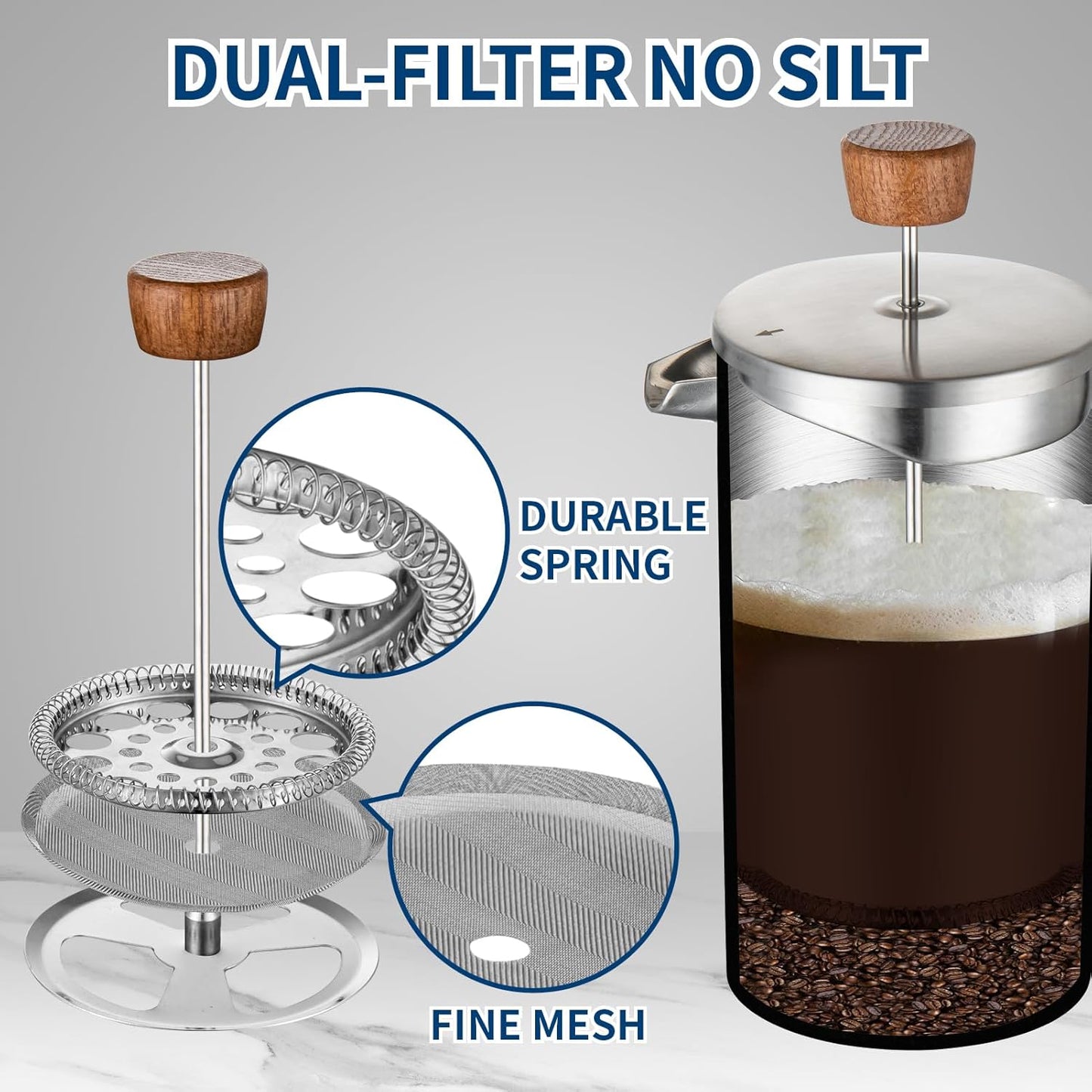 BERTILLE french press coffee maker, 34OZ 304 food stainless steel French press coffee maker with solid wood handle, double-layer insulation and 3-layer filtration system (silver)