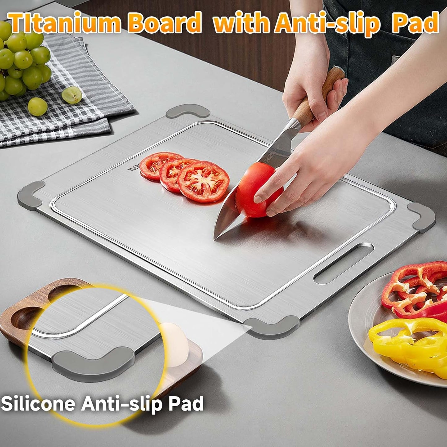 100% Pure Titanium Cutting Board with Grooves, Update Double Side Titanium Chopping Board, Silicone Anti-slip Stainless Cutting Boards for Kitchen 10 * 14 IN, Grey
