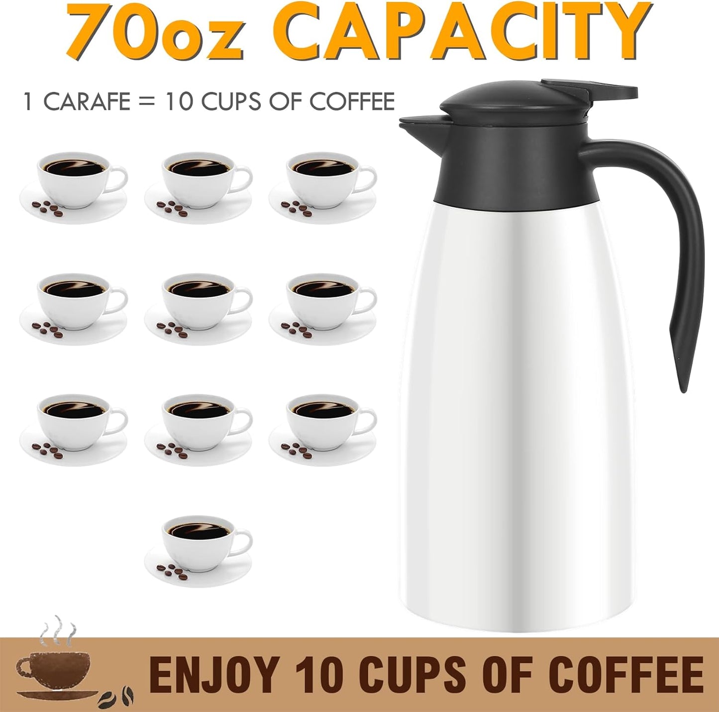 70oz Thermal Coffee Carafe Insulated Coffee Thermos Airpot, Stainless Steel Coffee Carafes Urn For Keeping Hot, Double Walled Insulated Vacuum Flask, Hot Beverage Drink Tea Coffee Dispenser, White