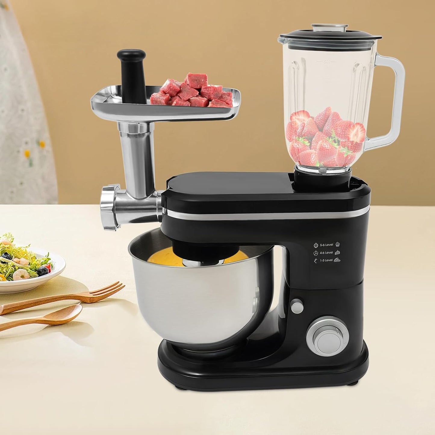 Stand Mixer, 3-in-1 Food Processor Multifunctional Electric Kitchen Mixer with 6 Accessories for Most Home Cooks, 6.34 Qt (Black)