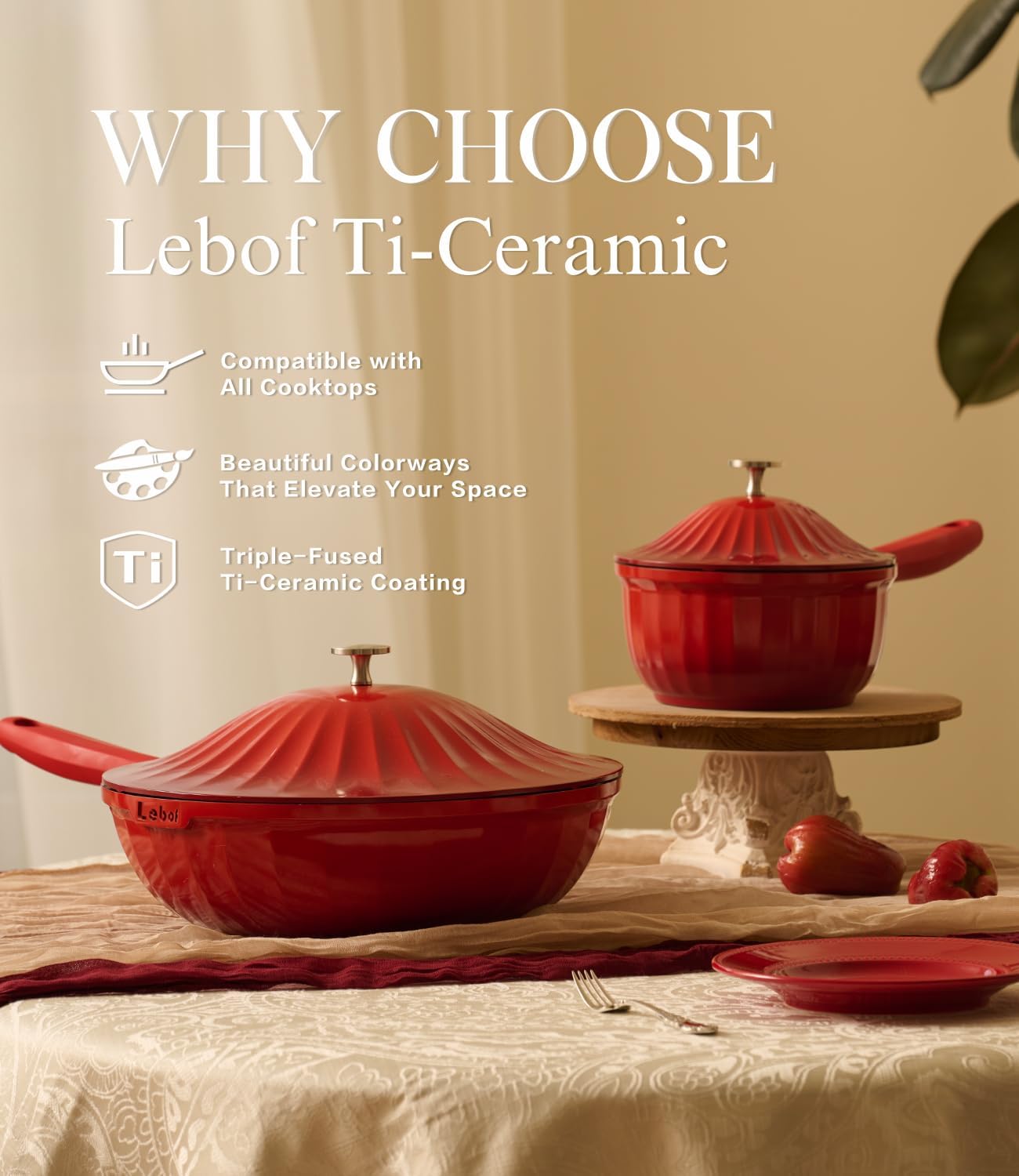 Nonstick Ceramic Cookware Set (7 Piece)–Titanium Cast Aluminum Pots and Pans Set with Lids, Non Toxic PFAS-Free Compatible with All Stovetops–Merlot Velvet