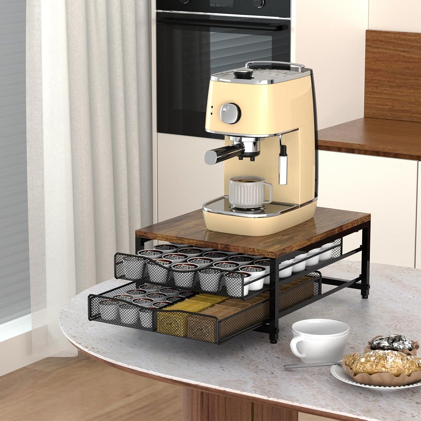 Coffee Pod Holder For Counter, Wooden K Cup Holder with Sliding Drawer, Large Capacity Coffee Pod Storage for Coffee Station, Home, Office, Kitchen