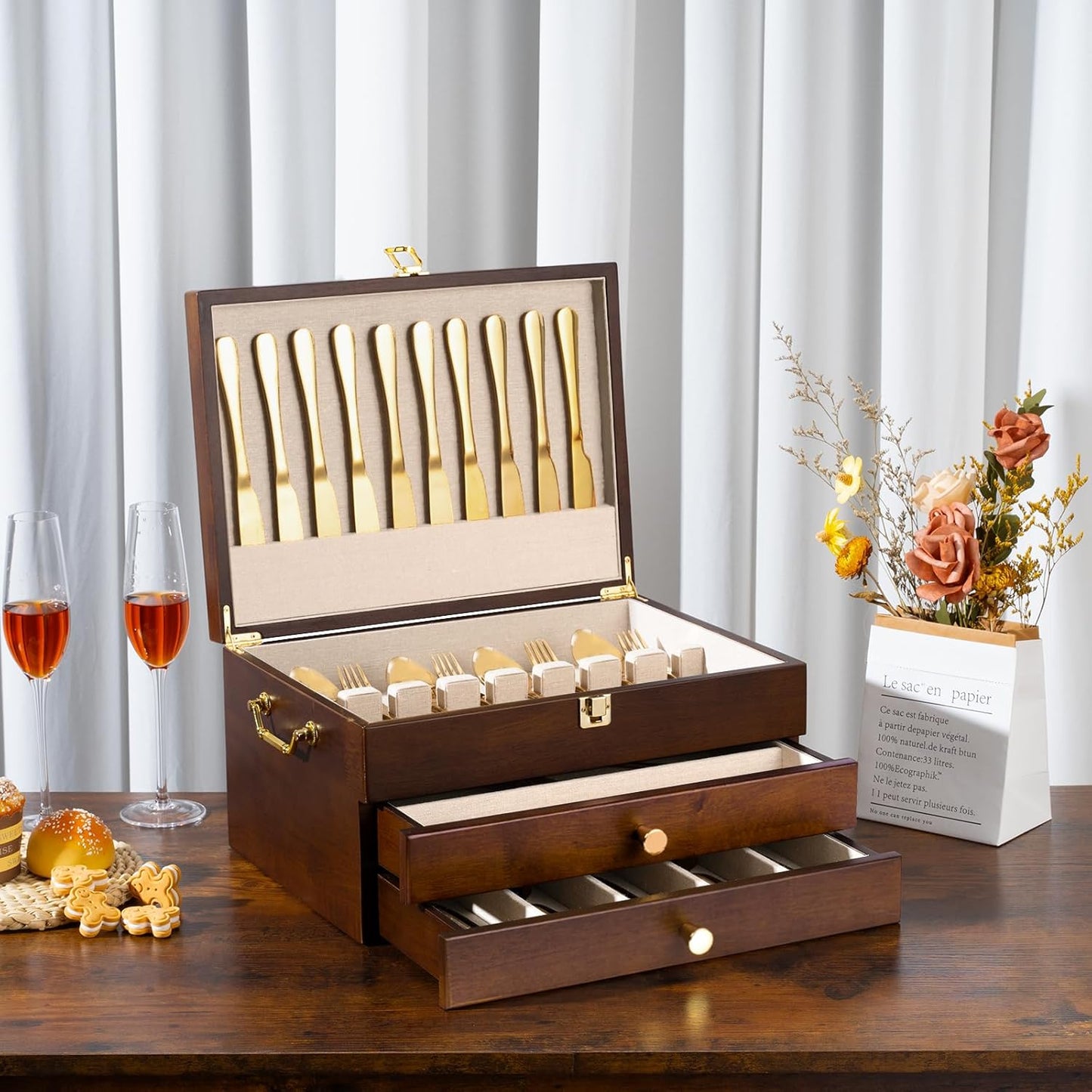 Silverware Storage Box, 3-Layer Flatware Storage Case with Drawer, Wooden Silverware Chest with Handle and Linen Liner, Rustic Silverware Case for Storing Fine Flatware and Utensils (Walnut)