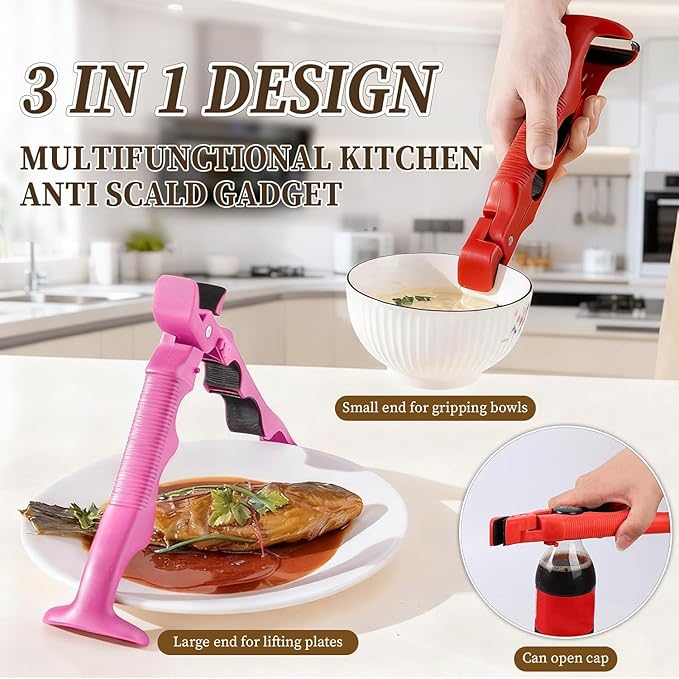 3-in-1 Hot Plate Gripper Tongs, Multi-Angle Bowl Holder Clip, Anti-Scald Kitchen Tool with Lock