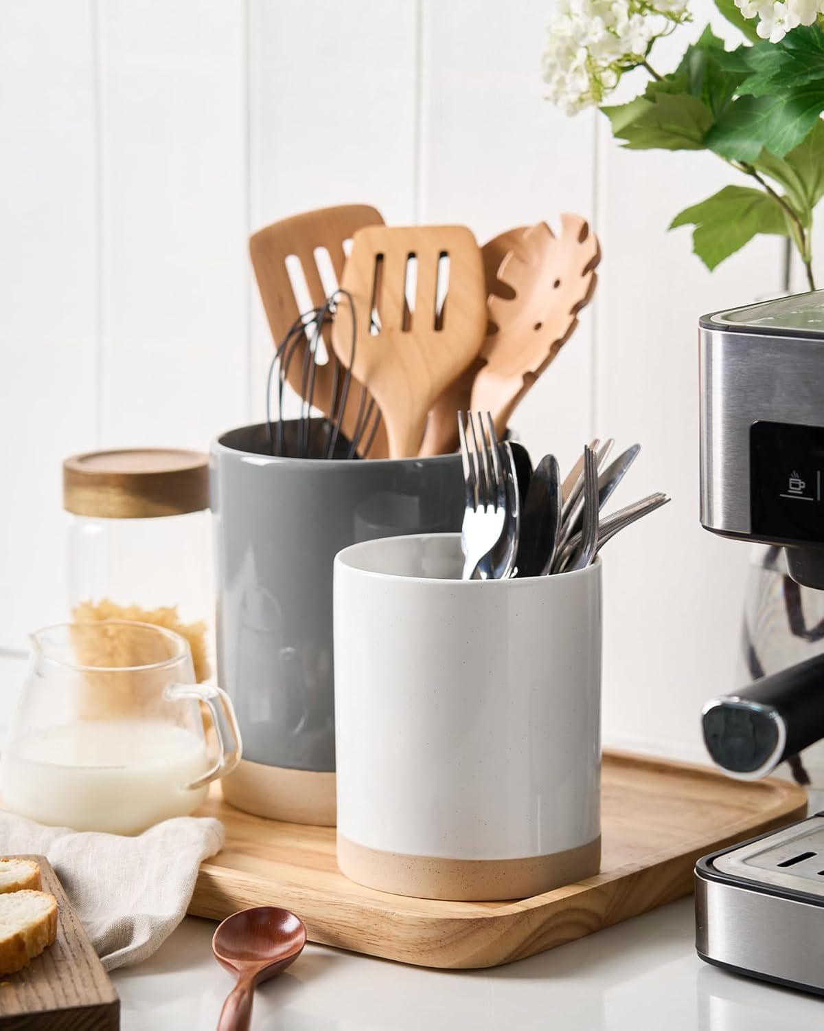 famiware Milkyway Kitchen Utensil Holder for Countertop, Ceramic Cooking Utensil Crocks for Kitchen Counter, Utensil Organizer for Spatula & Spoon, Set of 2, Dark Gray and White