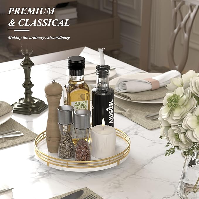 White Marble Lazy Susan Turntable for Table Top – 10” Round Marble Tray Organizer for Bathrroom, Vanity, Dining Table, Kitchen Countertop & Bar, Luxury Stone Serving Tray with Gold Frame