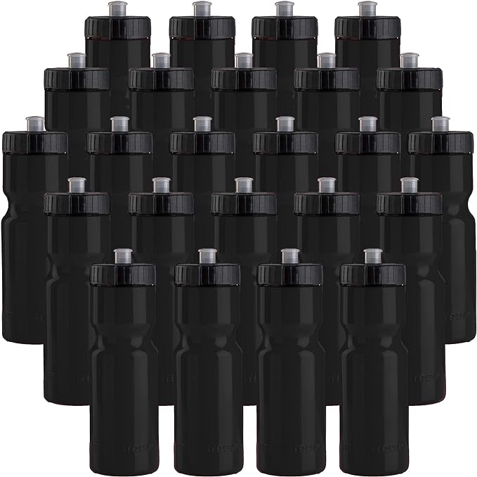 50 Strong Bulk Water Bottles | 24 Pack Sports Bottle | 22 oz. BPA-Free Easy Open with Pull Top Cap | Made in USA | Reusable Plastic Water Bottles for Adults & Kids | Top Rack Dishwasher Safe