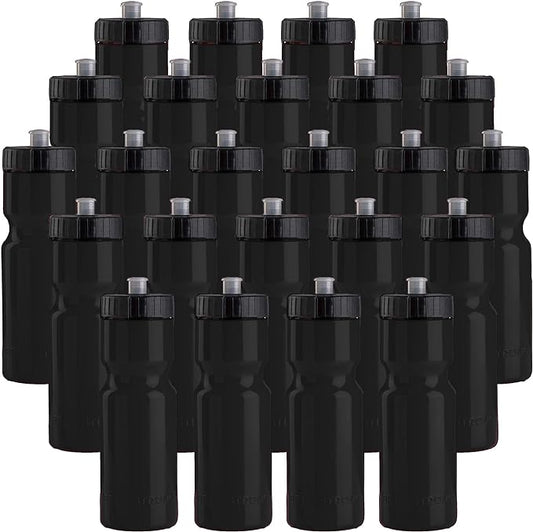 50 Strong Bulk Water Bottles | 24 Pack Sports Bottle | 22 oz. BPA-Free Easy Open with Pull Top Cap | Made in USA | Reusable Plastic Water Bottles for Adults & Kids | Top Rack Dishwasher Safe