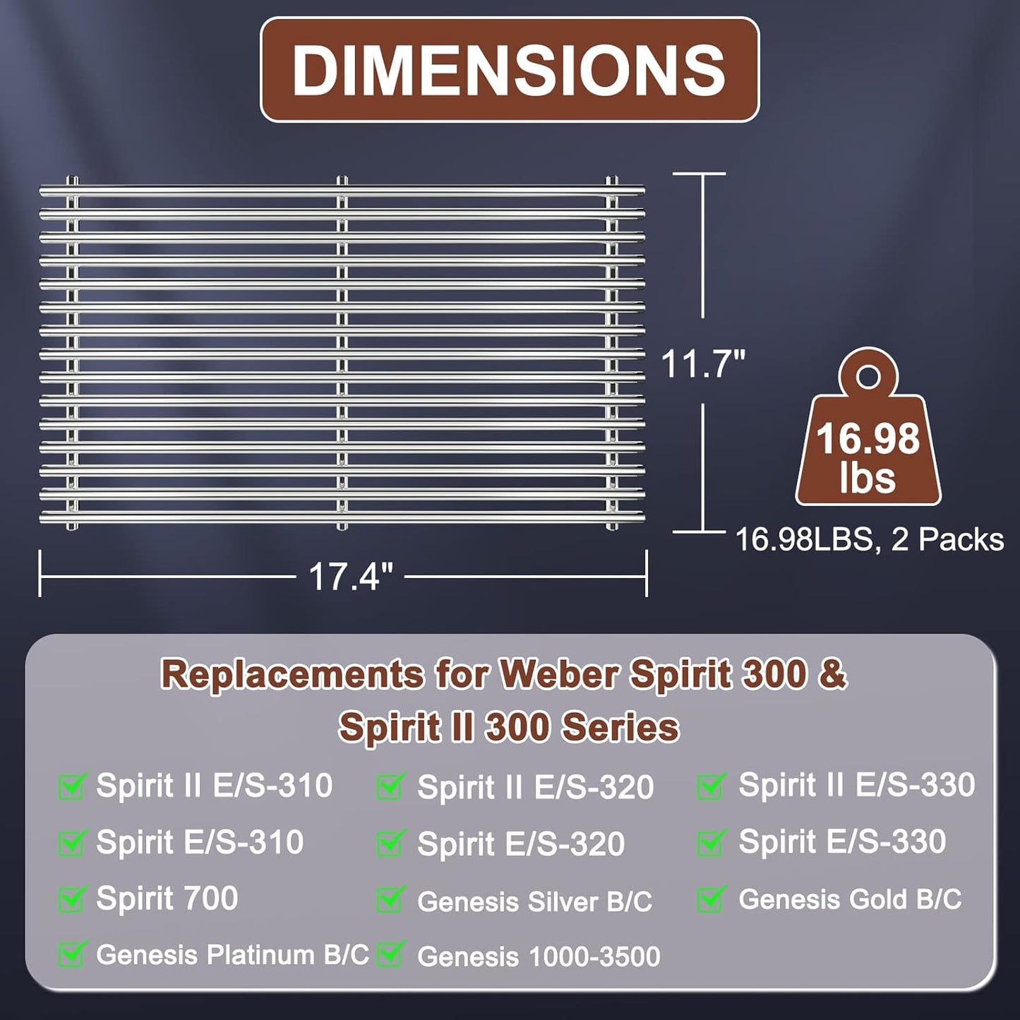 QuliMetal SUS304 9MM Grill Grates for Weber Spirit 300 and GS4 Spirit II 300 Series, Spirit 700, Genesis Silver/Gold/Platinum B & C, Genesis 1000-3500, Replacement Parts for Weber 7638 7639
