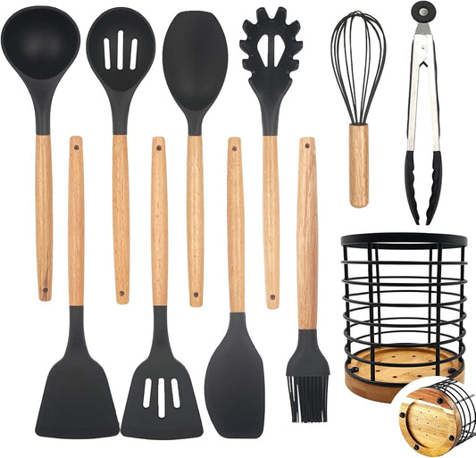 Daily Treasures 12PCS Kitchen Utensils Set,Cooking Utensils Set with Storage Holder,Kitchen Tools Made of Heat Resistant Food Grade Silicone and Wooden Handles for Nonstick Cookware