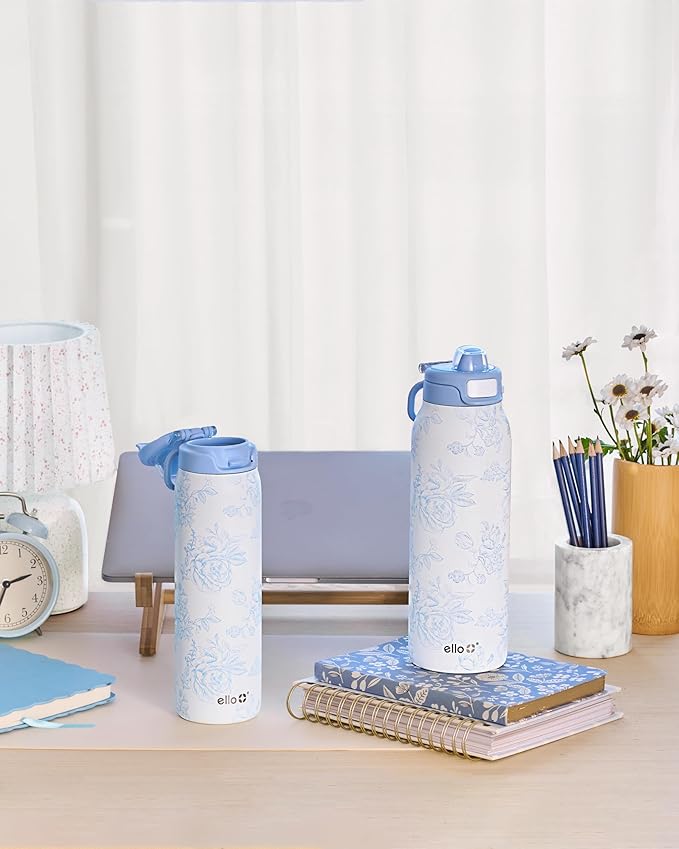 Ello Pop & Fill Stainless Steel Water Bottle with Quick Fill Technology, Double Walled Vacuum Insulated Metal, Leak Proof Locking Lid, Sip & Chug, BPA Free, Holiday Gift for Him Her, 22oz, 32oz, 40oz