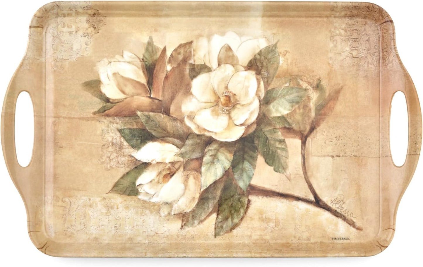 Pimpernel Sugar Magnolia Large Handled Tray - Rectangular Melamine Serving Tray with Bright Floral Magnolia Design & Side Handles - Dishwasher Safe Platter for Snacks Drinks/Decorative Table Display