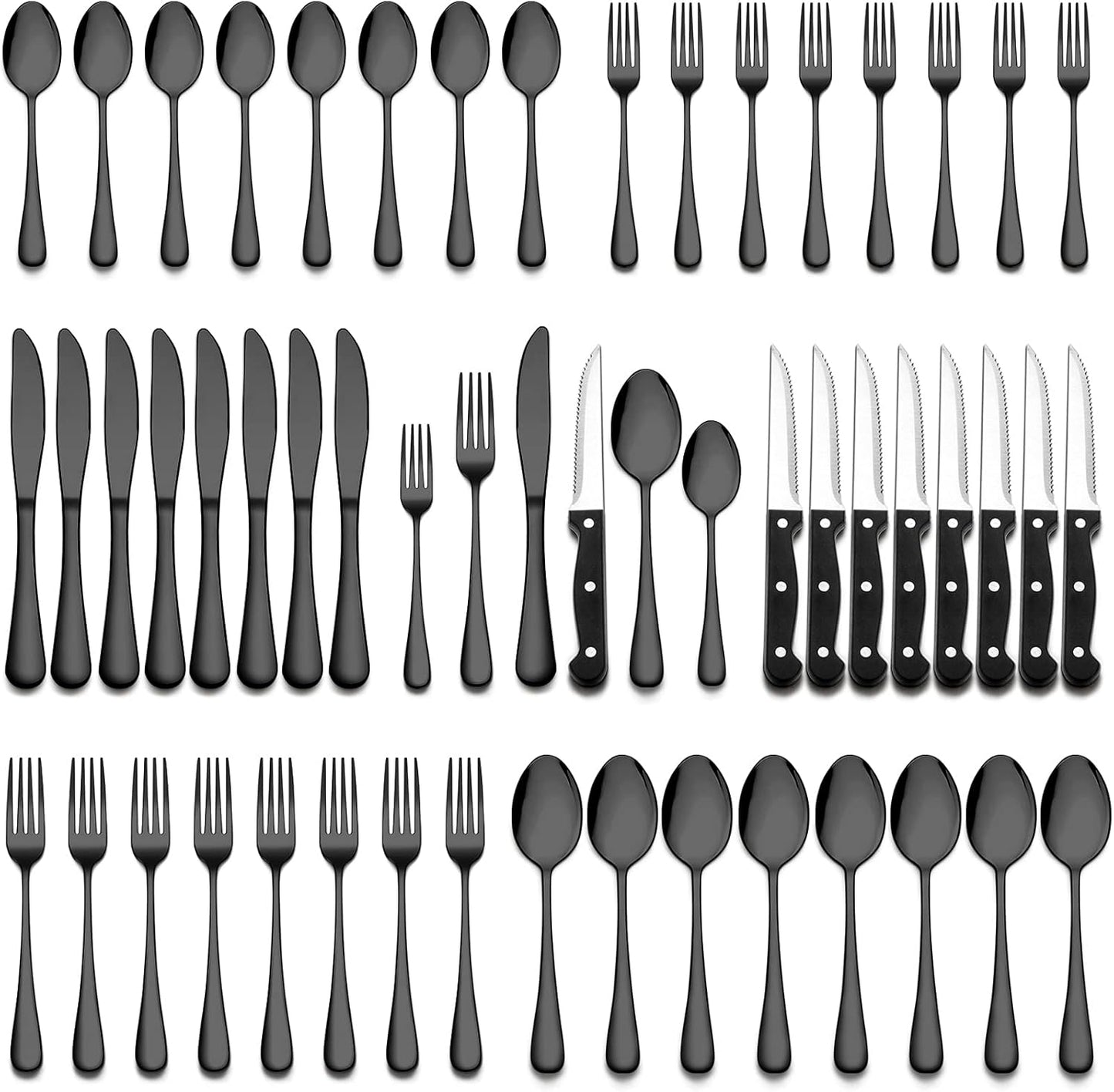 Wildone 24-Piece Black Flatware Set with Steak Knives, Stainless Steel Silverware Cutlery Set Service for 4, Tableware Eating Utensils Include Knives/Forks/Spoons, Mirror Polished, Dishwasher Safe