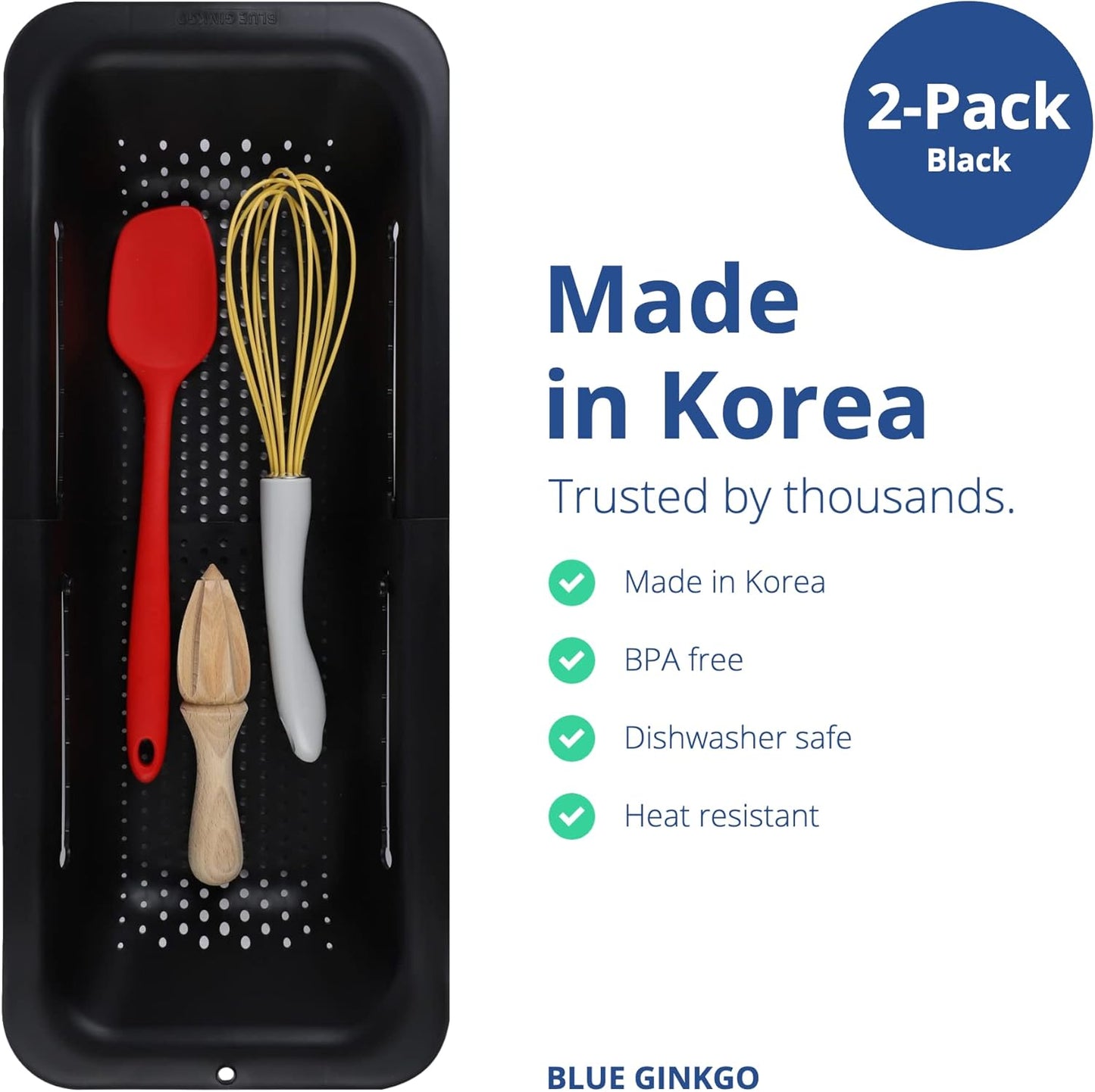 BLUE GINKGO Sink Colander Baskets - (Pack of 2) Wash Vegetables and Fruits, Drain Cooked Pasta and Dry Dishes - Extendable - New Home Kitchen Essentials (2 Black)