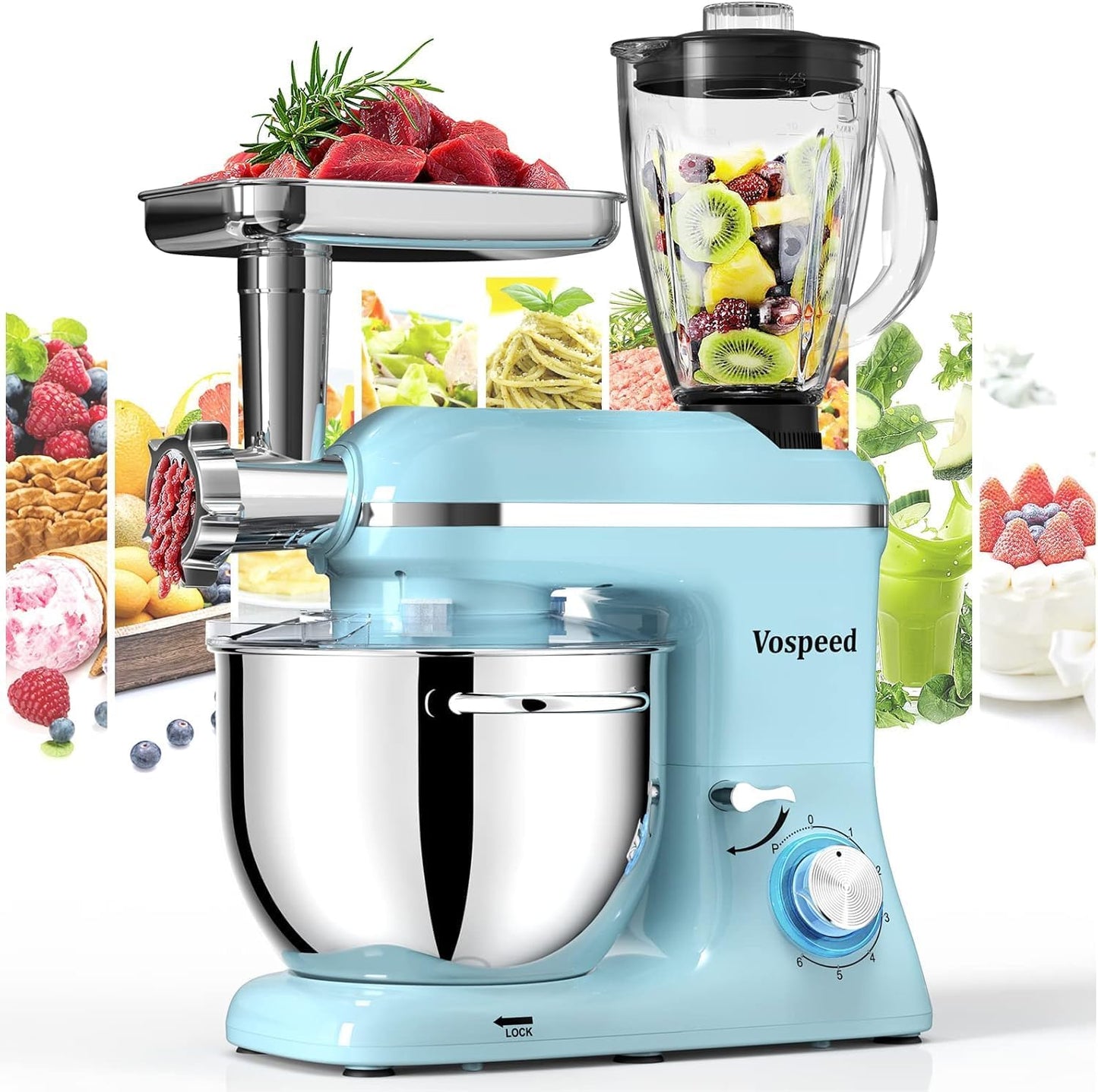Vospeed 9 IN 1 Stand Mixer, 850W Tilt-Head Multifunctional Electric Mixer with 8 QT Stainless Steel Bowl, 1.5L Glass Jar, Meat Grinder, Hook, Whisk, Beater Dishwasher Safe (Blue)