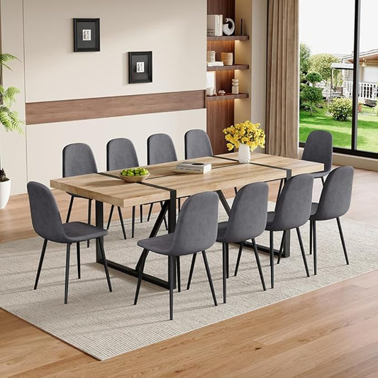 86.6" Dining Table Set for 10, Modern 11 Piece Wood Kitchen Table and Chairs Set, Large Rectangle Dining Table with 10 Linen Fabric Upholstered Chairs, Perfect for Family Gatherings and Dining Room