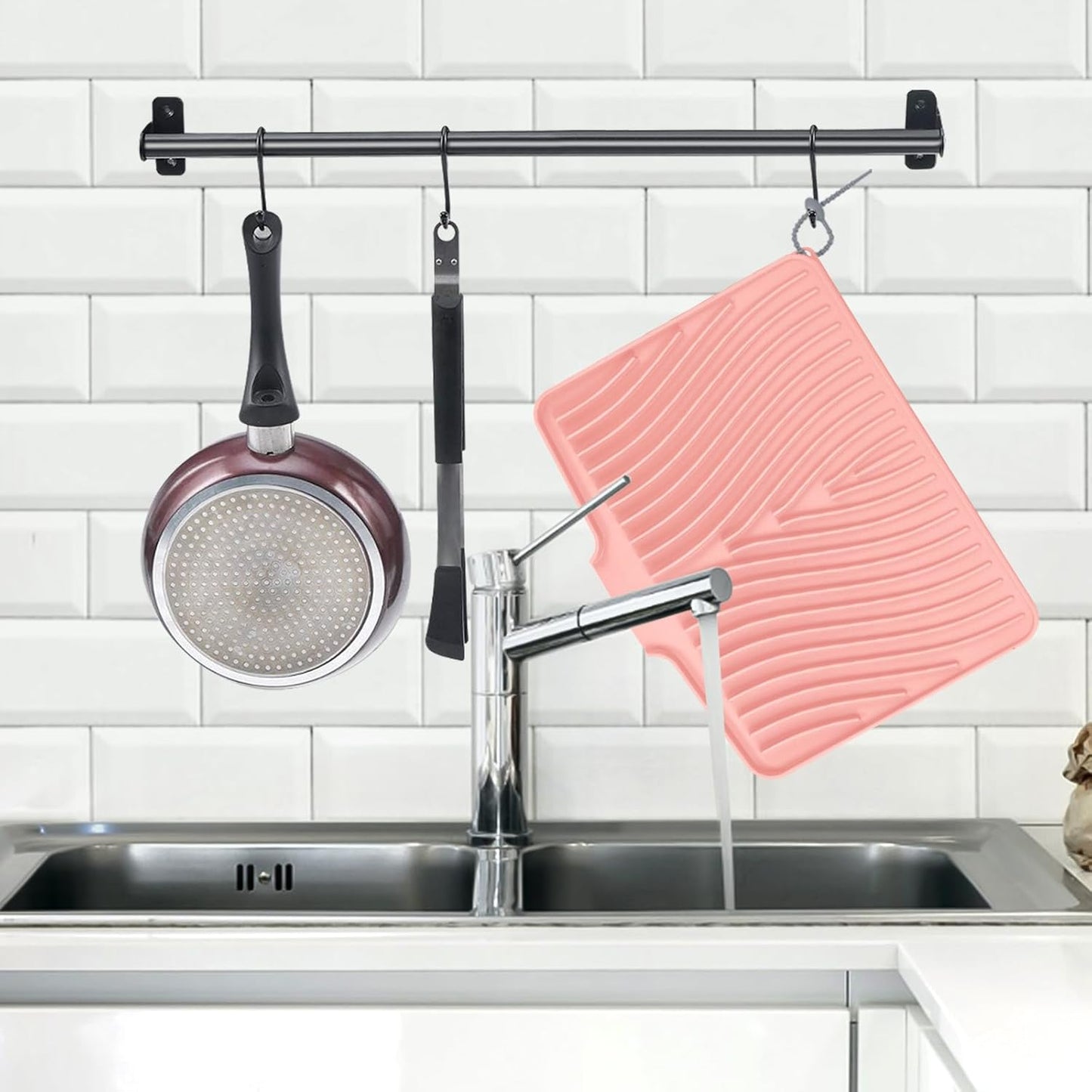 Silicone Dish Drying Mat for Kitchen Counter, Dish Drying Pad, Non-Slip Drain Pad with Built-in Drain, Heat Resistant Stone Drying Mat(15.8" x 13", Pink)