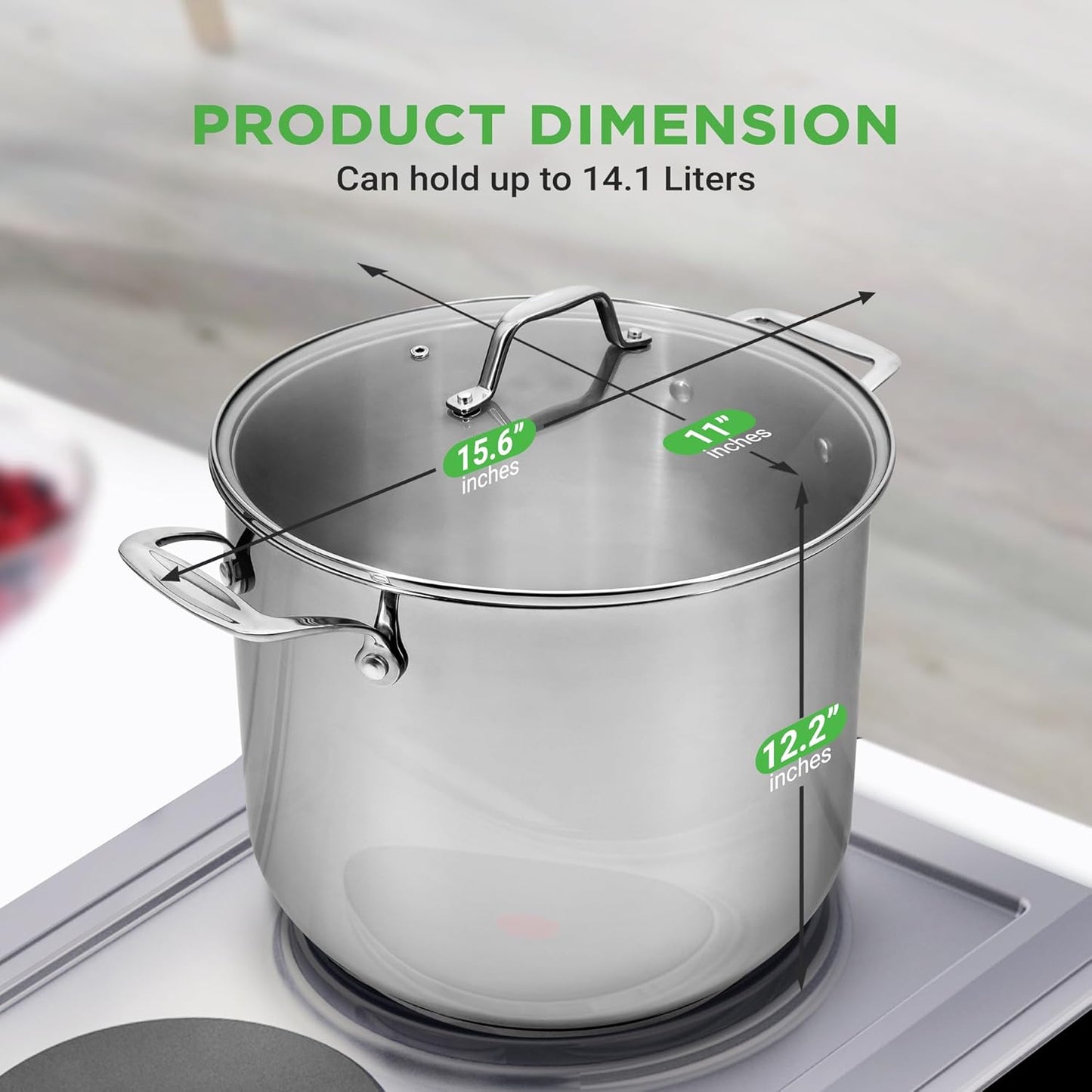 NutriChef 15-Quart Stainless Steel Stock Pot with Tempered Glass Lid - Induction Compatible Large Stockpot, Ideal for Stews & Soups, Dishwasher Safe - NCSP16