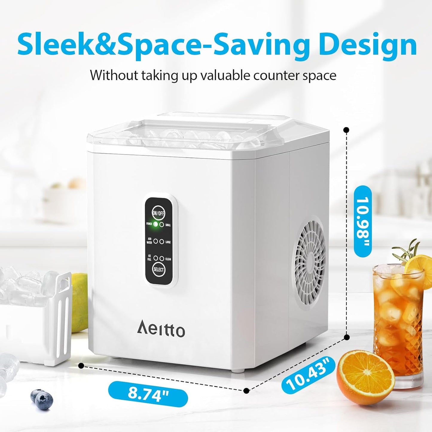 Aeitto Ice Makers Countertop, 9 Ice Cubes Release in 6 Mins, 26Lbs/24H, 2 Sizes of Bullet Ice Machine,Self-Cleaning Portable Ice Maker with Ice Scoop and Basket for Home Kitchen Office Bar RV, White