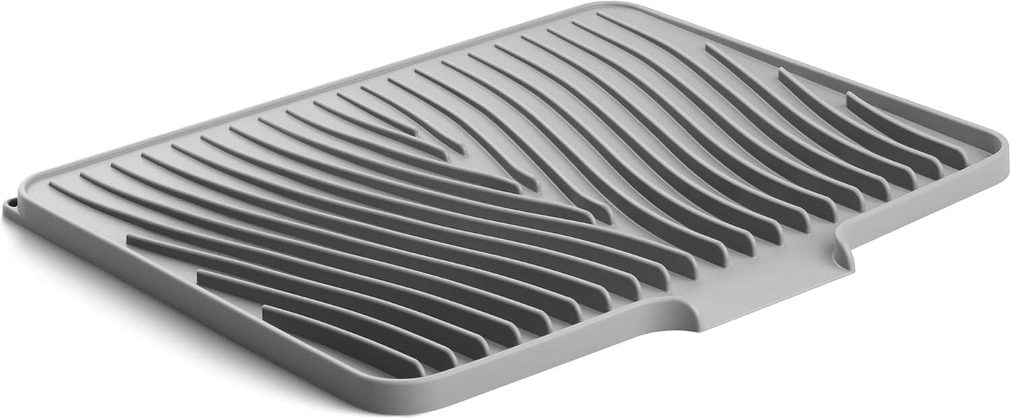 Fuyit Silicone Dish Drying Mat with Raised Drain Lip, Inclined Design, 16" x 13" Heat Resistant Non-Slip Mat for Kitchen Counter or Sink (Gray）