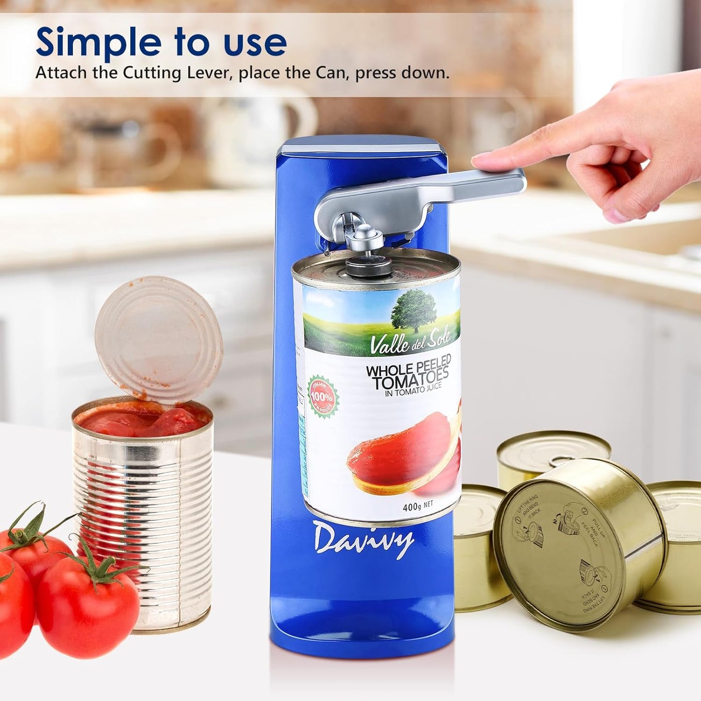 Davivy Electric Can Opener for One Touch Lid Opening,Removable Stainless Steel Cutter and 3-in-1 Design with Knife Sharpener and Bottle Opener. Blue