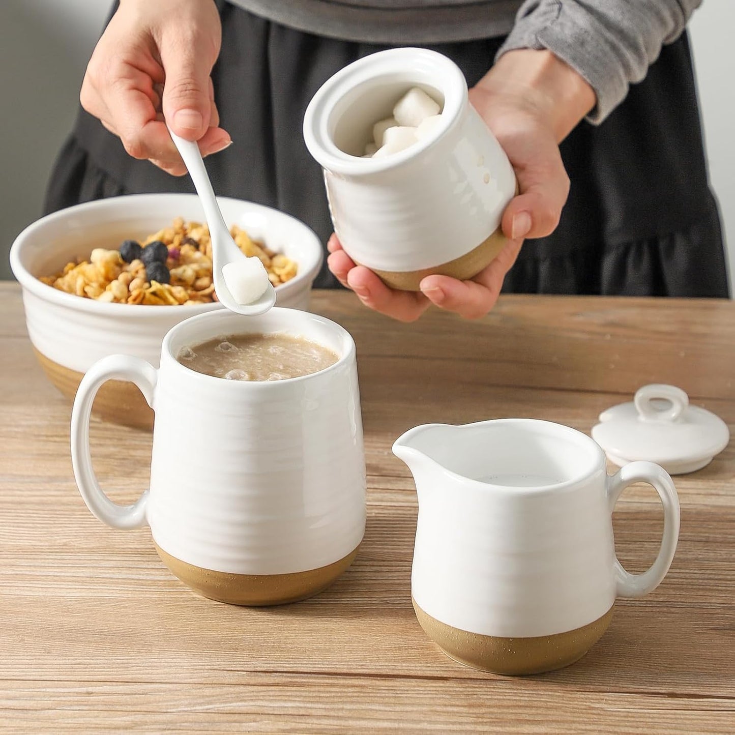 Hasense Ceramic Sugar and Creamer Set, 3 Piece Coffee Serving Set with Cream Pitcher, Sugar Bowl, Lid & Spoon, 10 Ounce Sugar and Creamer Set for Coffee Bar, Perfect for Wedding Gift (White)