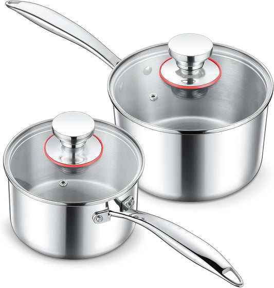 E-far Stainless Steel Saucepan Set - 1Qt & 2 Qt, Triply Sauce Pan Pot with Lid for Cooking Pasta Warming Milk Boiling Water, Small Metal Cookware for Kitchen, Induction Ready & Heavy Duty