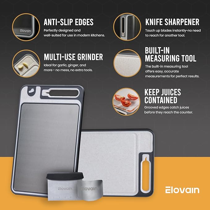 Stainless Steel Cutting Board Set – Double-Sided Hygienic Kitchen Board with Knife Sharpener, Scraper, Finger Guard – Dishwasher Safe, Non-Slip Edges, Multi-Function, Made in USA – 3-Piece Set