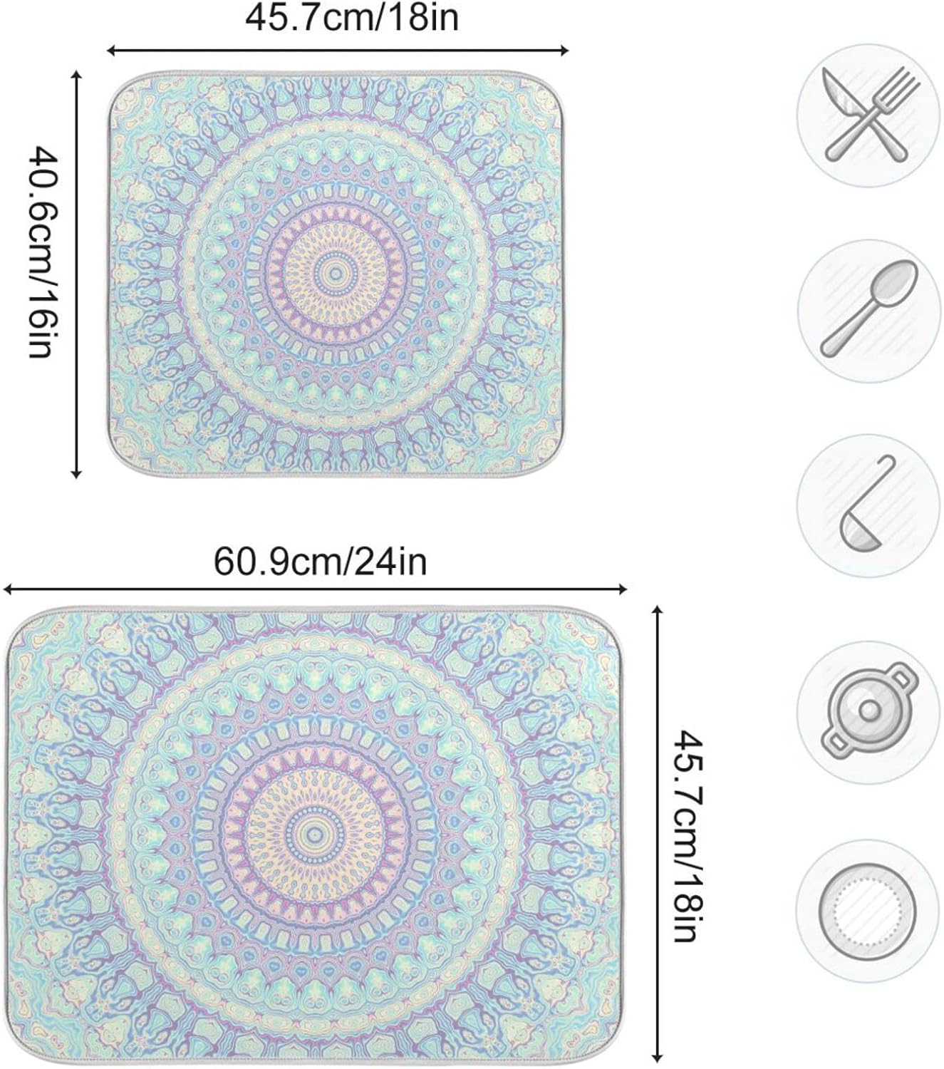 Mandala Bohemian Dish Drying Mat for Kitchen Counter Boho Ethnic Absorbent Microfiber Drying Pad, Medium 16x18 in, Reversible Drainer Mats