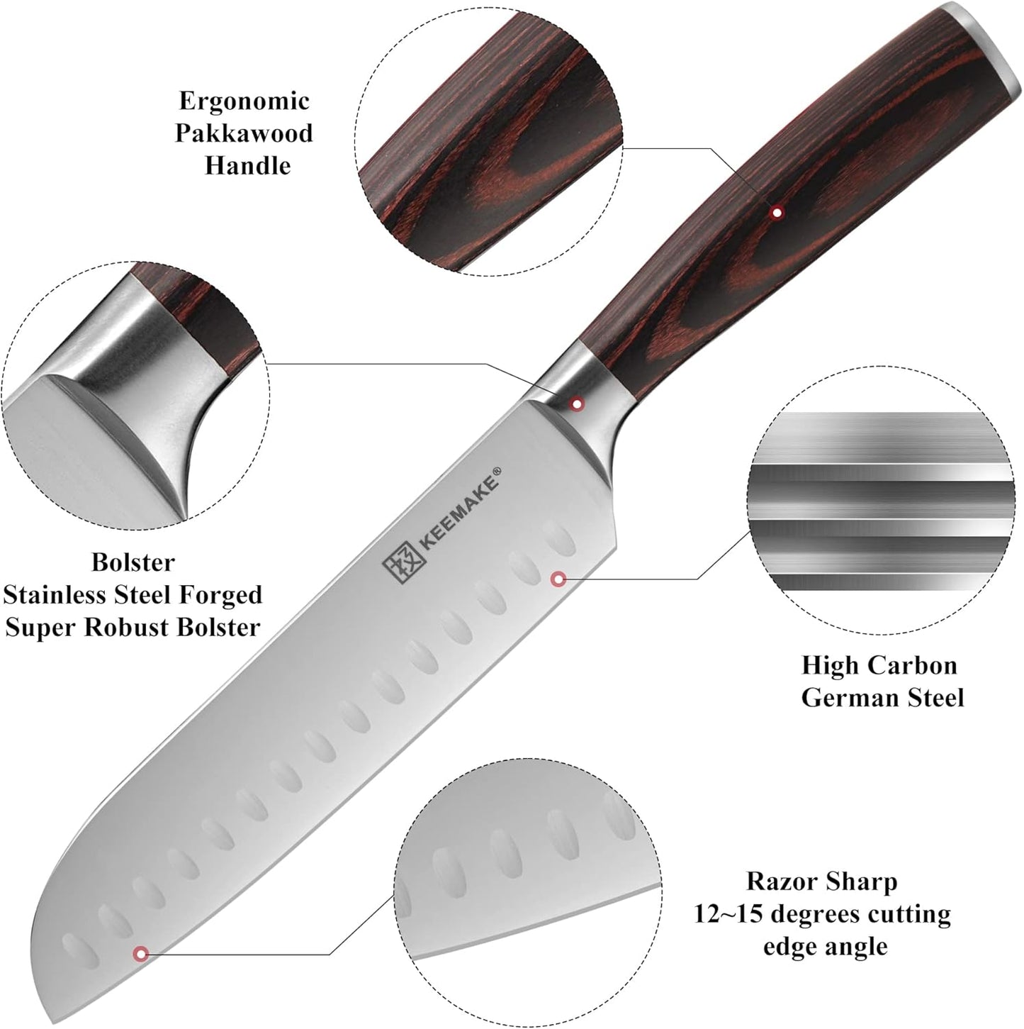 KEEMAKE Santoku Knife Set of 2pcs, Japanese Chef Knife Sets with German High Carbon Stainless Steel 1.4116 Kitchen Knives, Pakkawood Handle Knife for Kitchen