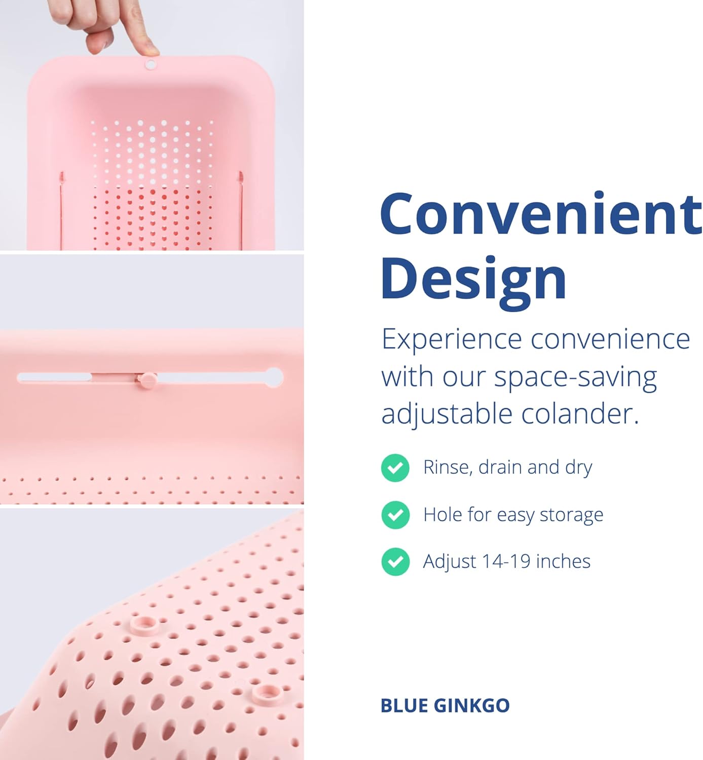 BLUE GINKGO Sink Colander Baskets - (Pack of 2) Wash Vegetables and Fruits, Drain Cooked Pasta and Dry Dishes - Extendable - New Home Kitchen Essentials (2 Pink)