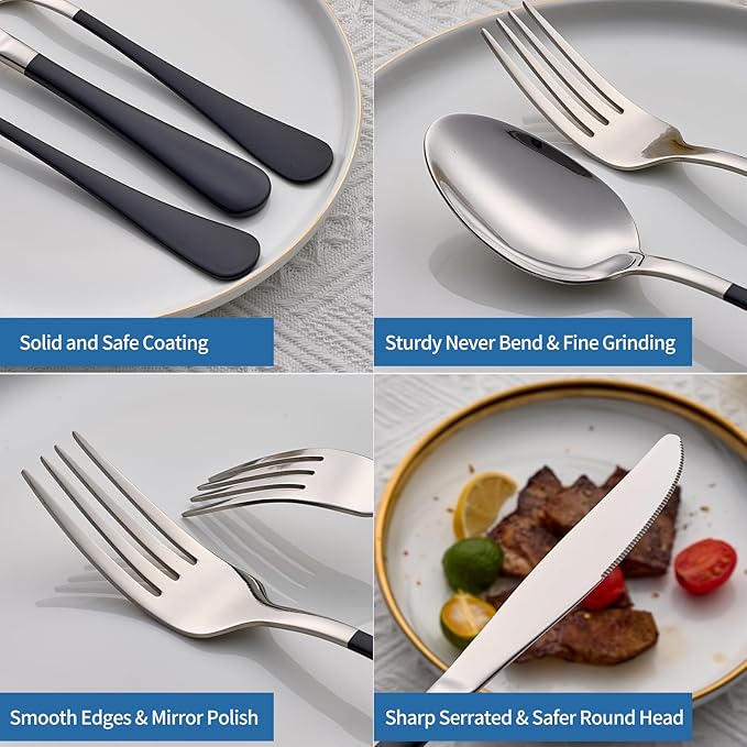 20-Piece Black Silverware Set, 18/0 Stainless Steel Black Handle Flatware Set, Service for 4, Modern Cutlery Set Includes Dinner Knives Forks Spoons, Mirror Polished, Dishwasher Safe
