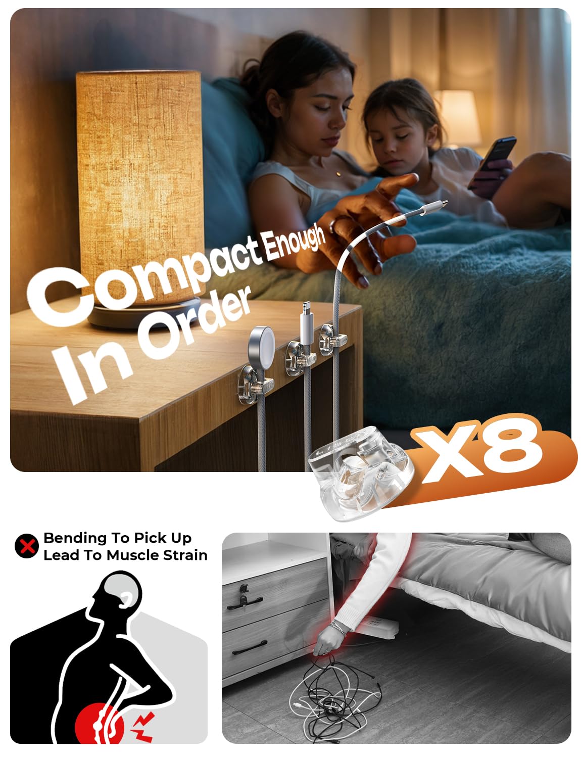 8-Pack Magnetic Cable Clips [1S Snap-On] Cord Holder, LISEN Desk Organizers and Accessories with 4 Extra Strong Adhesive Pads, Wire Organizer for Nightstand, Home, Wall, Car, Desktop,Transparent