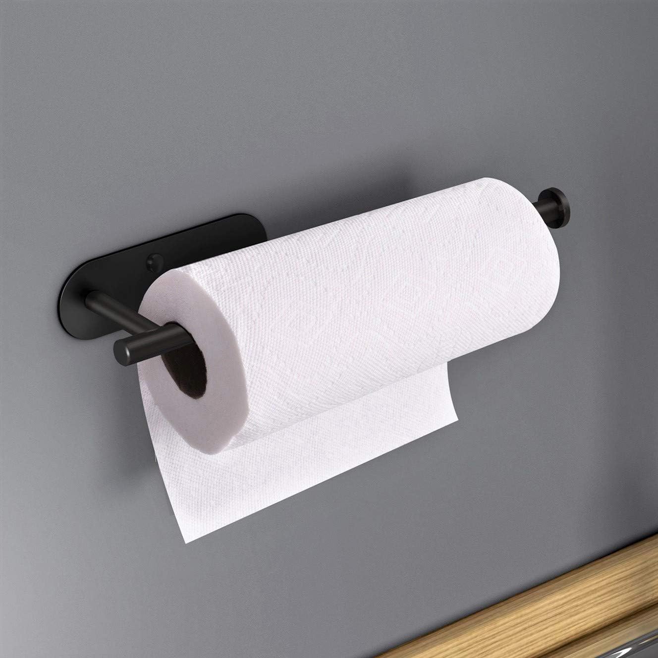 VAEHOLD Adhesive Paper Towel Holder Under Cabinet Wall Mount for Kitchen Paper Towel, Black Paper Towel Roll Holder Stick to Wall, Stainless Steel（Black）