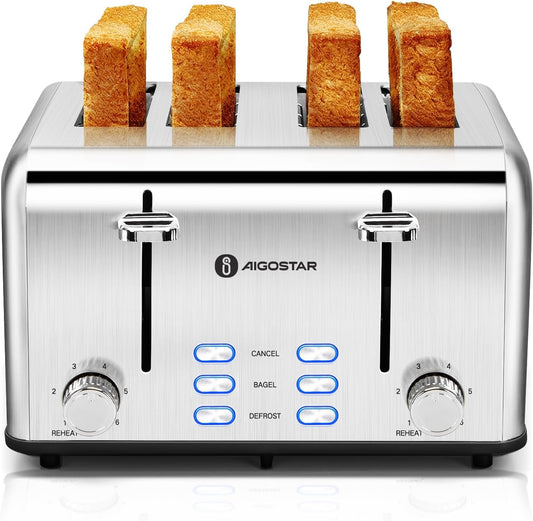 Aigostar Toaster 4 Slice 1.6" Wide Slot Stainless Steel Toasters with Bagel, Reheat, Cancel, Defrost Function, 6 Shade Settings, Removable Crumb Tray, 1550W, Best Rated Prime 4 Slice Toasters