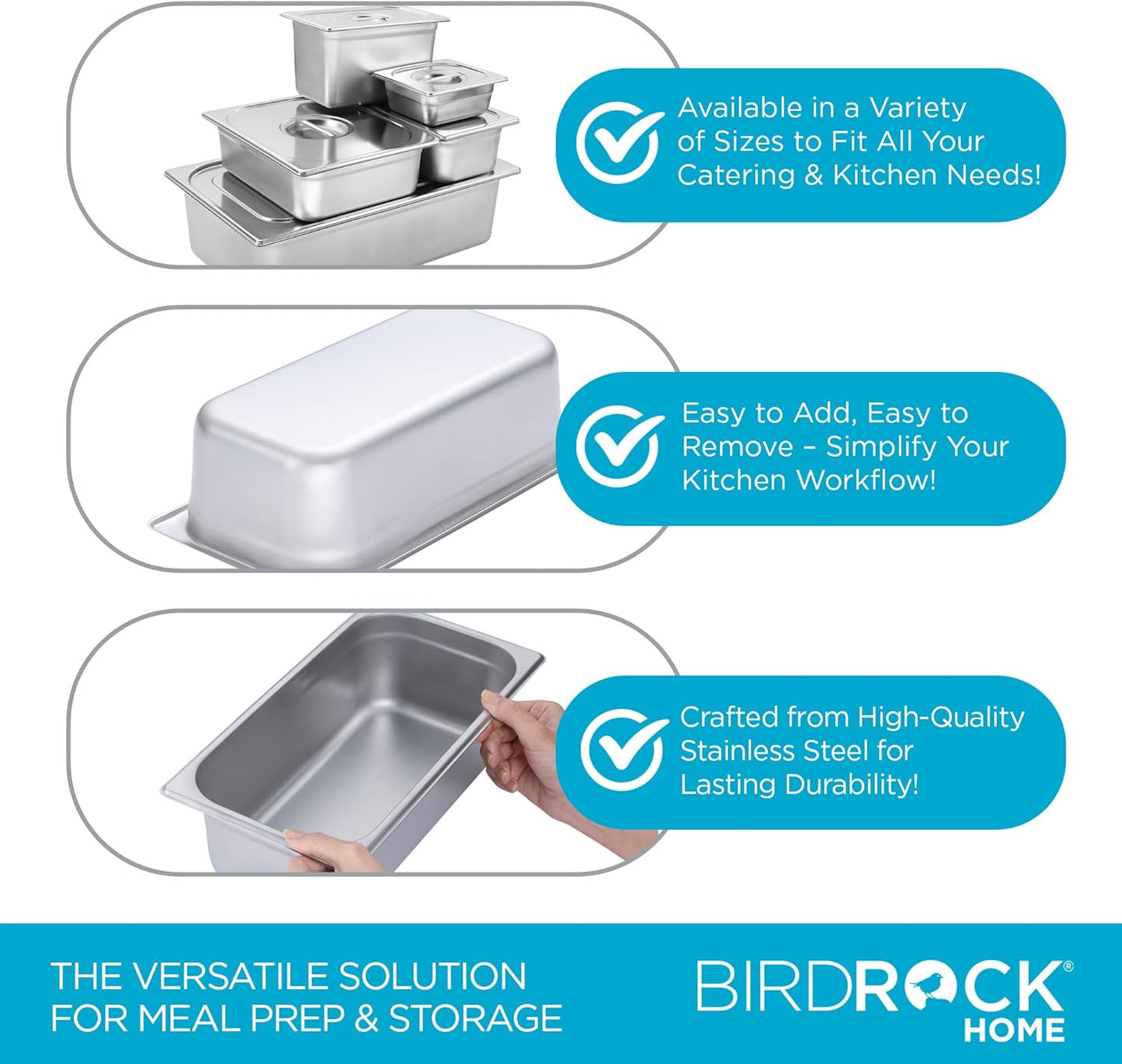 BIRDROCK HOME Stainless Steel Steam Table Pan - Hotel, Restaurant & Catering Supplies - 24 Gauge Steel, 4.1 qt Capacity - Meal Prep, Cooking, &Food Storage Container - 4" Depth, 1/3-Size (6 Pack)